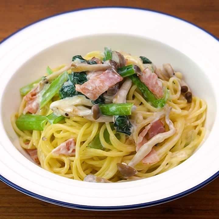 まろやか濃厚クリーミー♪ベーコンと小松菜の白みそクリームパスタ