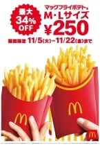 「マックフライポテト」M･Lサイズが250円に、11月5日からキャンペーン実施、Lサイズ注文は130円値引き/マクドナルド