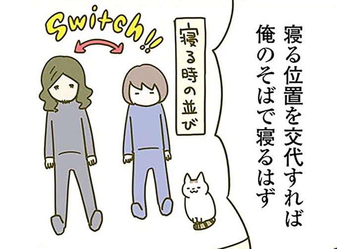 寝る時、猫の定位置は妻の横。うらやましい夫が、場所を入れ替えてもらった結果／うちの猫がまた変なことしてる。2