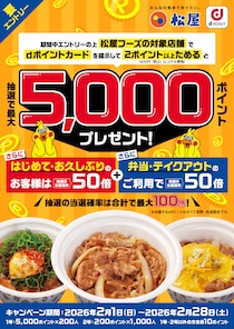 【松屋フーズ】最大5000ptのdポイントが当たる！2月28日まで！