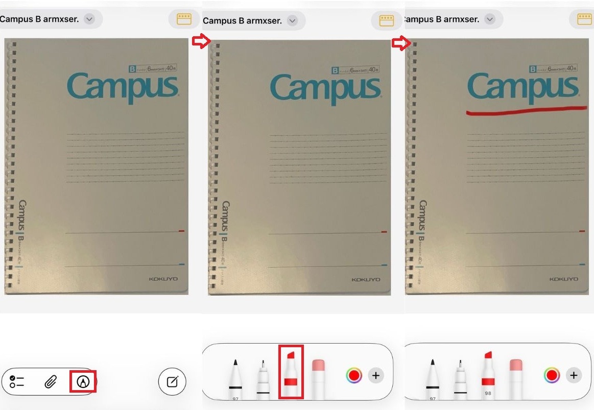 スキャンしたプリントにiPhoneのメモでマーカーを引く方法