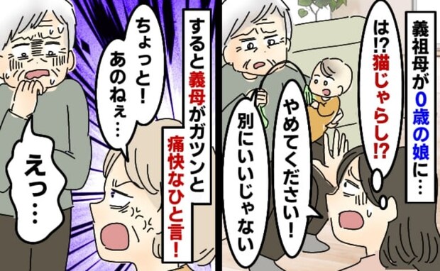 猫のおもちゃで娘と遊ぶ義祖母にギョッ「口に入れないで!」必死に止めたら義祖母が反論→すると義母が