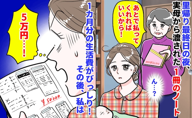 実母「あとで払って！」里帰り最終日の夜、1冊のノートが→5万円！1カ月分の生活費がびっしり…私は