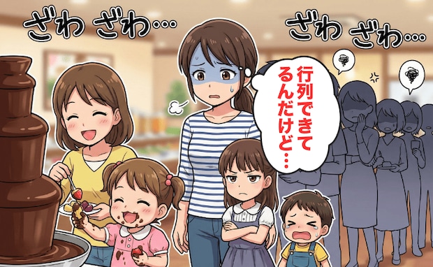 「垂れちゃってる…」チョコ撒き散らし、バイキングで行列を作る迷惑親子→独占の理由を目撃し驚愕！