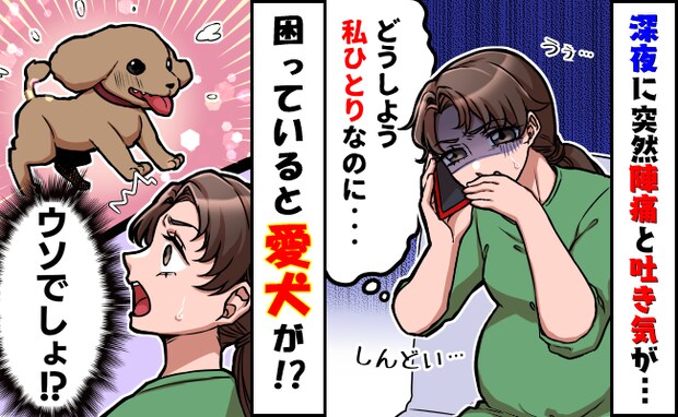 深夜、実家で陣痛がきて嘔吐…一人きりで困っていると愛犬が近寄って来て…その行動に驚いた話