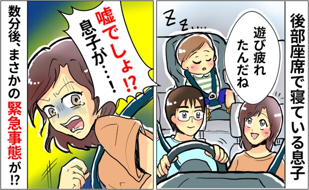 「嘘でしょ!?」遊び疲れて車で眠っていたはずなのに…→数分後、振り向くと3歳の息子が緊急事態に!