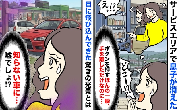 SAの自販機でボタンを押すと「息子が消えた!?」探し回ると「え、他所の車に…」驚きの光景を目撃し