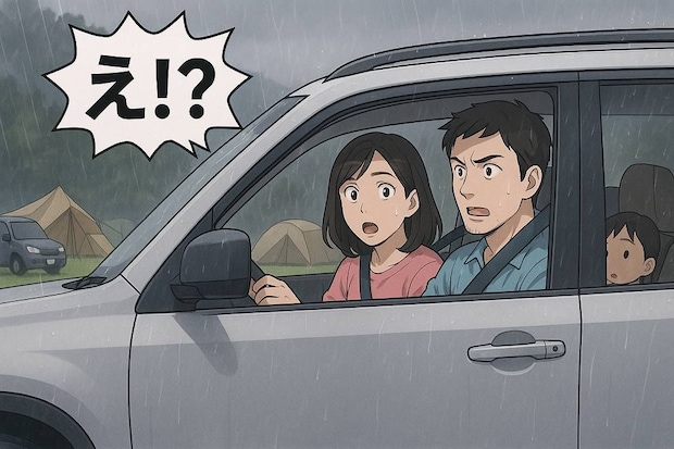 家族での初キャンプは、あいにくの雨…え！？キャンプ場を車で進んでいると突然の衝撃。一体何が！？