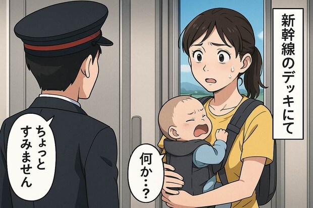 「怒られる！？」新幹線のデッキでグズるわが子をあやす私→巡回中の車掌に声をかけられドキッ！結末は