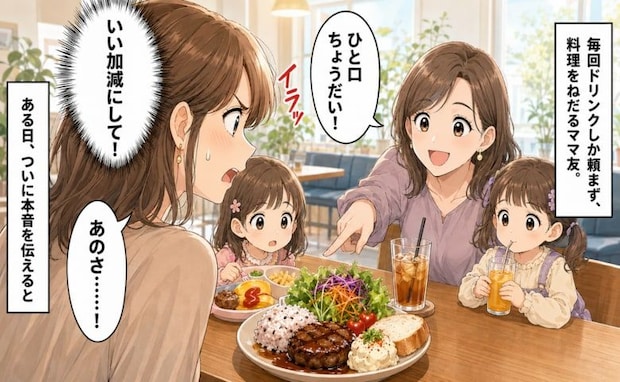 「今日は節約するね」毎回ドリンクしか頼まないママ友→「ひと口もらっていい?」要求を注意した結果…