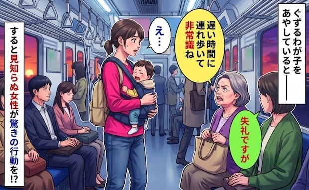 年配女性「非常識ね」電車でわが子をあやす私に厳しい言葉…→すると隣にいた女性が驚きの行動に！？