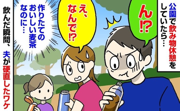 「ん！？」公園でペットボトルのお茶を一口飲んで固まる夫…なんで？→理由が判明して私は顔面蒼白に！