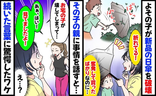 私の傘で遊んでバキッ！「お宅の子が壊したようで…」→親「あぁはい、見てました！」続いた言葉に絶句