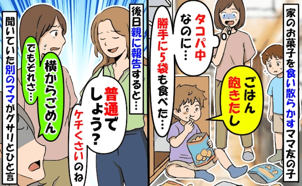 ママ友の子が勝手にお菓子を5袋も完食→親に言うと「普通でしょ?」え?すると別のママがグサリと一言