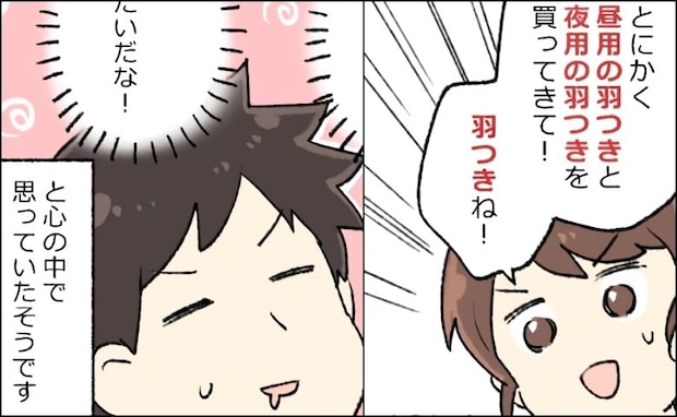 妻「羽つきね!」夫「羽つきってなんだか…」ナプキンの購入を夫にお願いしたら…夫の脳内は