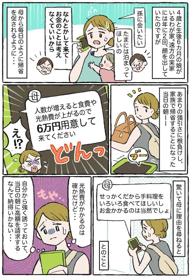 母「来るなら6万円用意して」自ら催促した帰省なのに!?当日朝4時に費用を請求され…→私の決断は!?