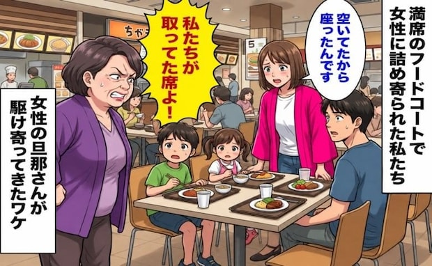 女性「私たちが取ってた席よ!」私「空いてましたが…」フードコートで困惑…⇒女性の旦那さんが来ると