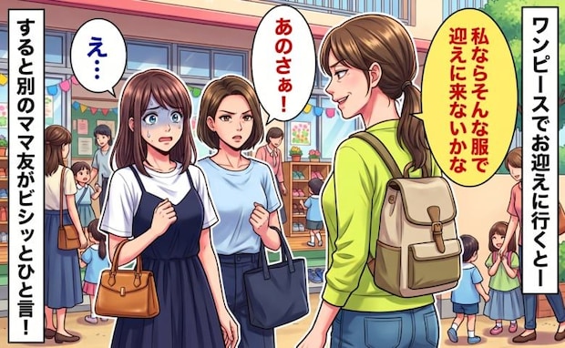 ママ友「私ならそんな服で迎えに来ない」幼稚園のお迎えでグサッ…すると次の瞬間、別のママがひと言！