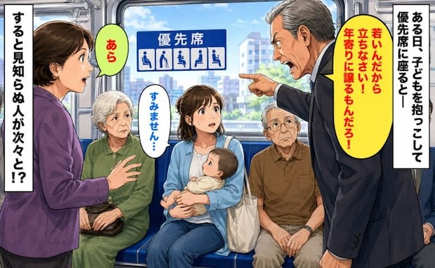 「若いんだから立ちなさい！」優先席で赤ちゃんを抱く私に怒鳴る男性…→すると周囲の人が次々と！？