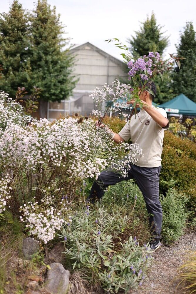 庭の花でブーケを作る
