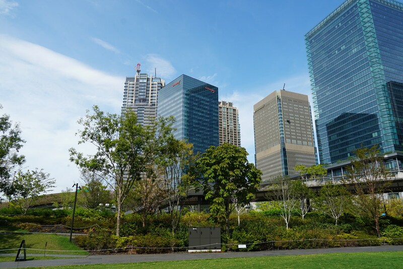 みどり越しに見えるグラングリーン大阪(北館)。