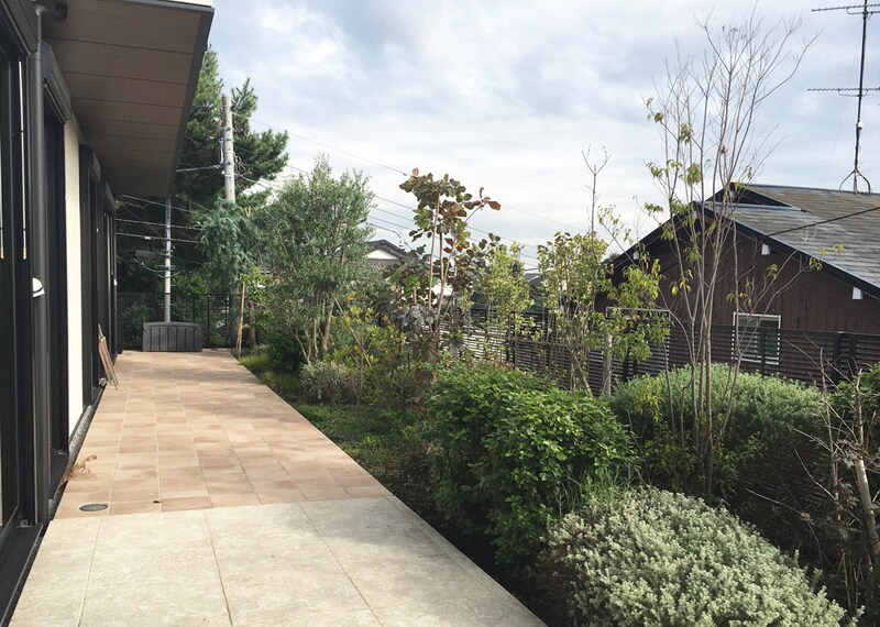 南側は長いテラスに植栽で