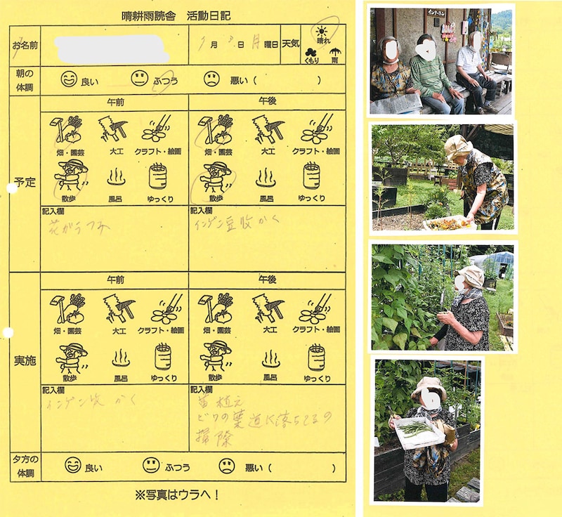 日々の過ごし方を自分で考え、意思表示してもらうための活動日記。朝その日の予定を立てて、夕方に振り返ります。裏面に写真が貼られていて、大切に保管して何度も見返す利用者も。