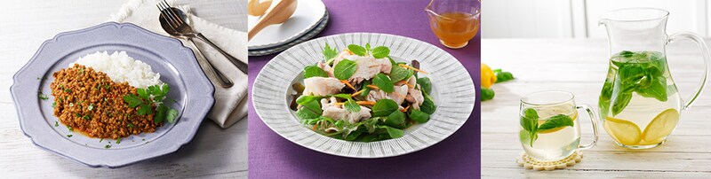 左から「さわやかパセリのキーマカレー」「スペアミントの豚しゃぶサラダ」「フレーバーウォーター」。レシピは本誌に掲載しています。