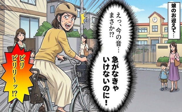 「ビリビリ…」自転車で幼稚園へ急ぐ最中に異音！ママ友に指摘され気付いた悲劇とは【体験談】