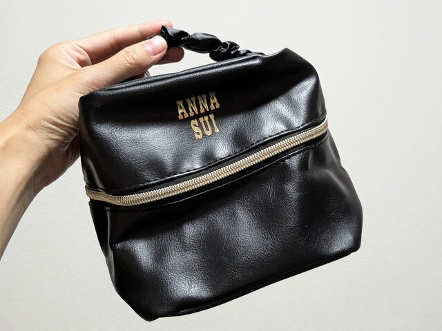 手に持ったANNA SUIのバニティポーチ外観（ゴールドロゴ）