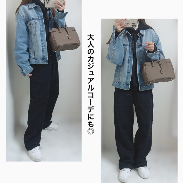 ヘビーウェイトスウェットパーカとヘビーウェイトスウェットワイドストレートパンツとデニムジャケットを着たコーデ