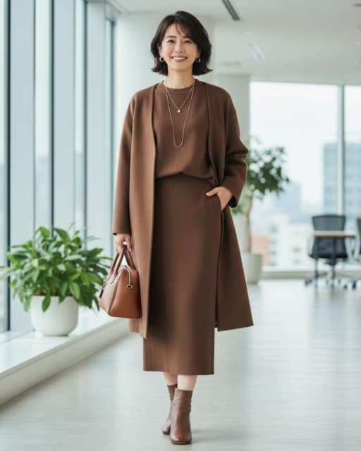 ブラウンのスムースコットンクルーネックセーターとスカートを着たコーデ