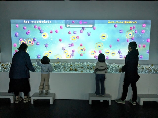 子どもたちがボールを投げて遊ぶ免疫応援ボールゲームの様子