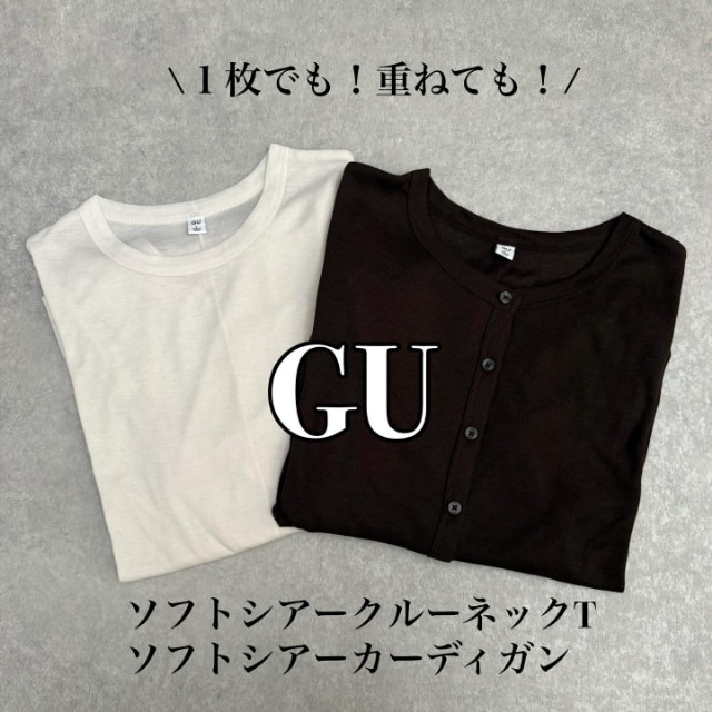 ブラウンのソフトシアーカーディガンと白のソフトシアークルーネックT