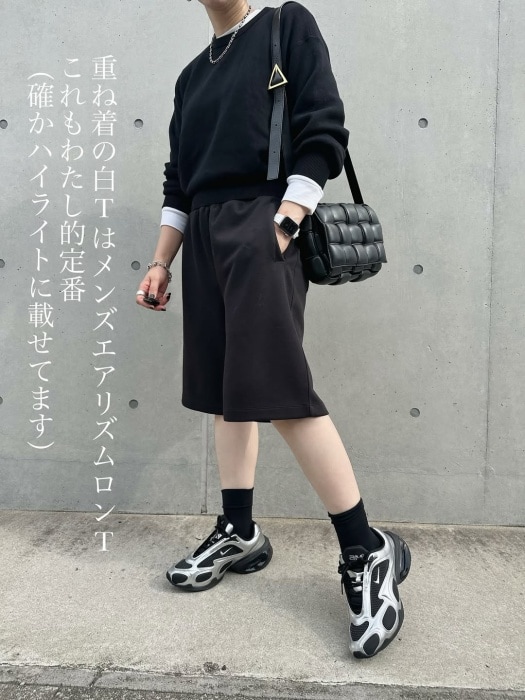 UNIQLO：C「スウェットワイドショーツ」ブラックセーターコーディネート