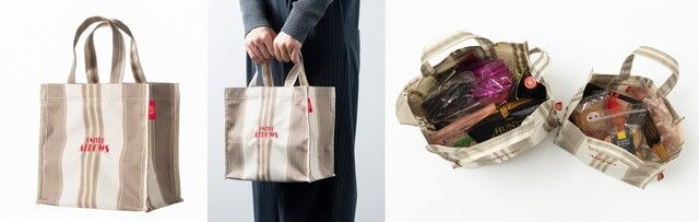 UNITED ARROWS×成城石井 オリジナルショッピングバッグ小サイズ。正面・手持ちイメージ・内側の収納の3カット