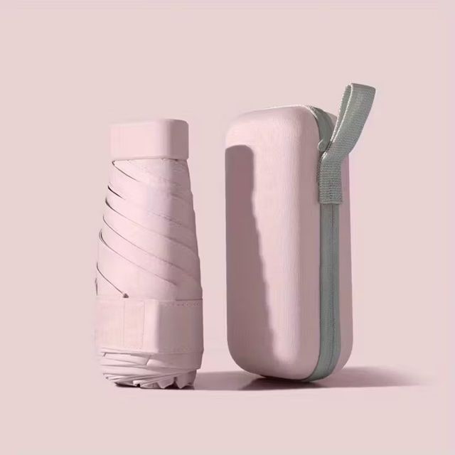 ピンクカラーのケース付き折りたたみ傘と専用ケース