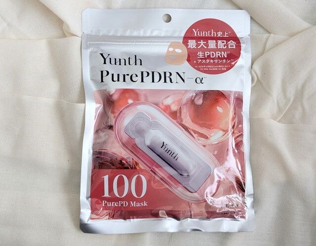 Yunthピュアパッケージ正面アップ。ユンス史上最大量の生PDRN配合と記載されたシートマスクパッケージ