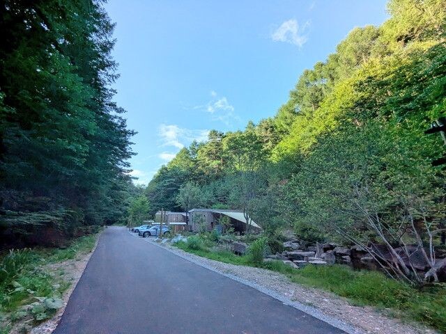 森の中に続く敷地内の道と客室棟
