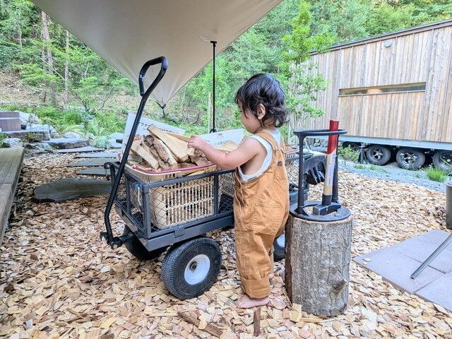 薪をカートに積んで遊ぶ子どもの様子