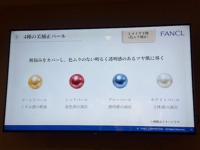 肌悩みをカバーする4種の美補正パールを紹介するFANCLのスライド