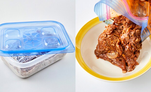 保存容器・保存袋に入れたハヤシライスを解凍している写真