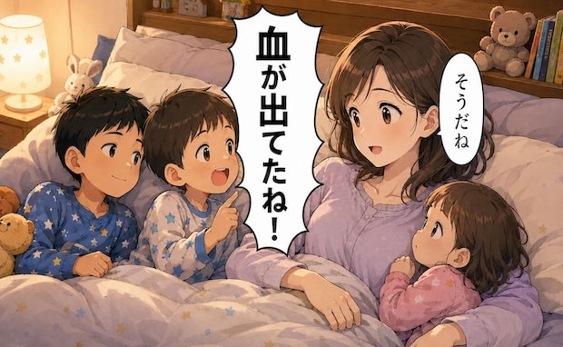 ワンオペお風呂で子どもたちが「出てる！」大騒ぎ→生理について伝えた数年後…子どもたちの変化は