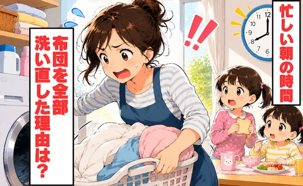 平日のドタバタな朝。「忙しいのに…!」シーツだけでなく、掛け布団まで洗濯する怒涛の事態に!?