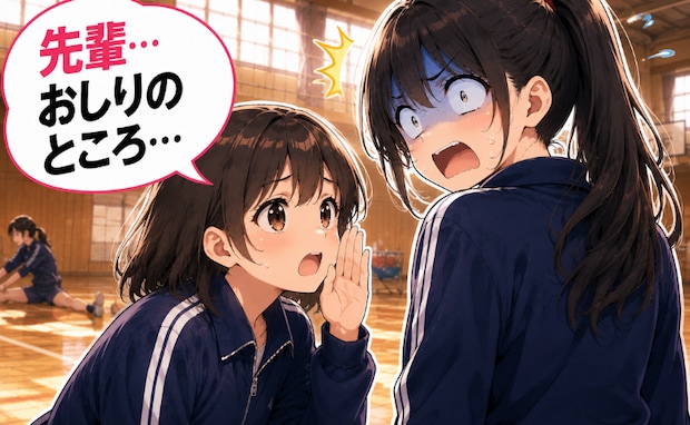何気なく先輩に視線を向けたら…「あっ…！」先輩のおしりにシミが。男子もいる中で…どうする？