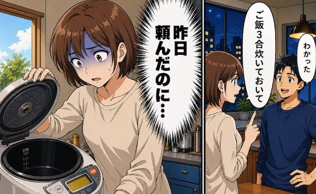 夫に「ご飯を炊いておいて」と頼んだ翌朝…なぜか炊飯器が空っぽ。どうして?夫の言い分とは