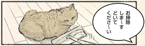 「どいてくださ~い」掃除する飼い主に言われ、ネコ様が考えたこと/今日もネコ様の圧が強い