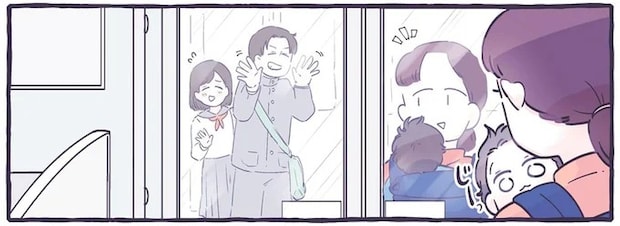 「育児ママが救われた優しさ」。抱っこされた我が子がなぜか笑顔。背中越しに...／るしこの子育て日記1