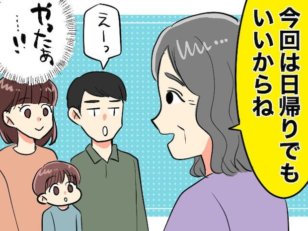 帰省初日に「今年は日帰りでいい」義母の提案に歓喜した嫁。翌日、本当の理由を知って複雑な気持ちに