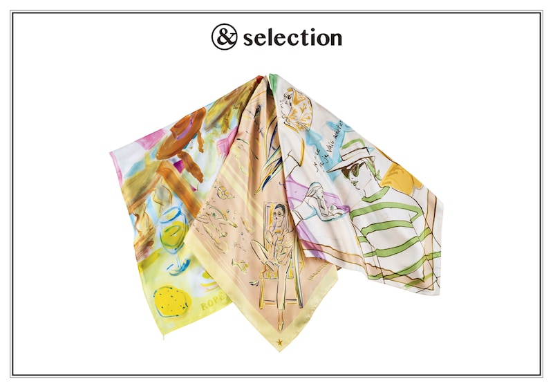 髪に巻いたり、アレンジ自在。イラストレーター・佐伯ゆう子と〈ロペ〉の大判スカーフ。